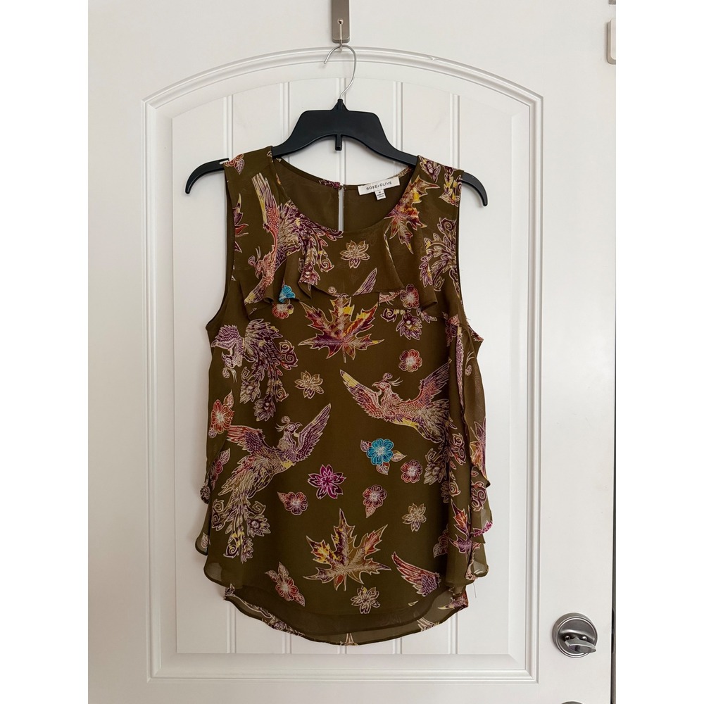 Rose + Olive Phoenix Floral Ruffle Sleeveless Blouse Olive Green Medium - Picture 3 of 7